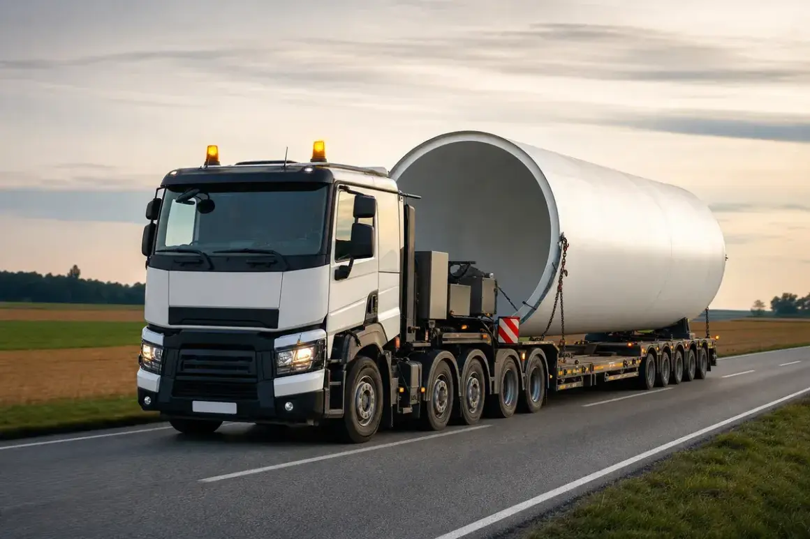 Un camion blanc transporte une immense section de pale d'éolienne sur une route de campagne. Ce convoi exceptionnel roule vers son destin.