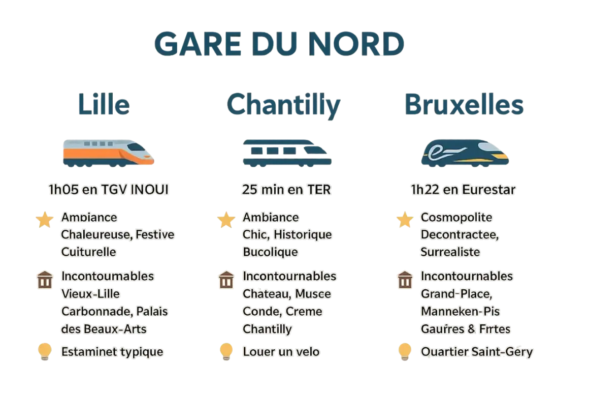 Destinations depuis Paris : Lille (TGV INOUI), Chantilly (TER) et Bruxelles (Eurostar).
