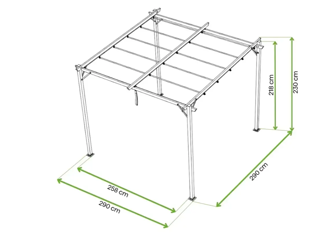 Konstrukcja altany dn80 z wymiarami: 290x258 cm, wysokość 230 cm. Idealna do ogrodu.