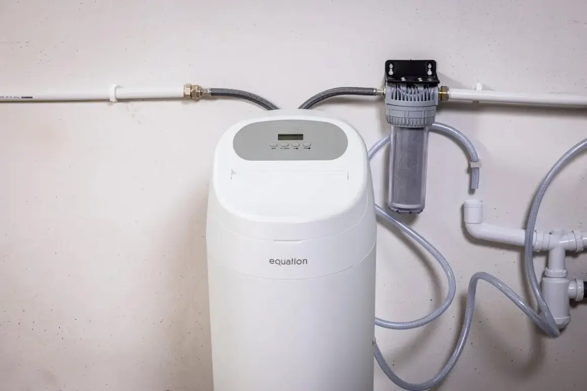 Instalación de descalcificador Equation con filtro de agua. Sistema de tuberías blancas y mangueras grises conectadas a la unidad.
