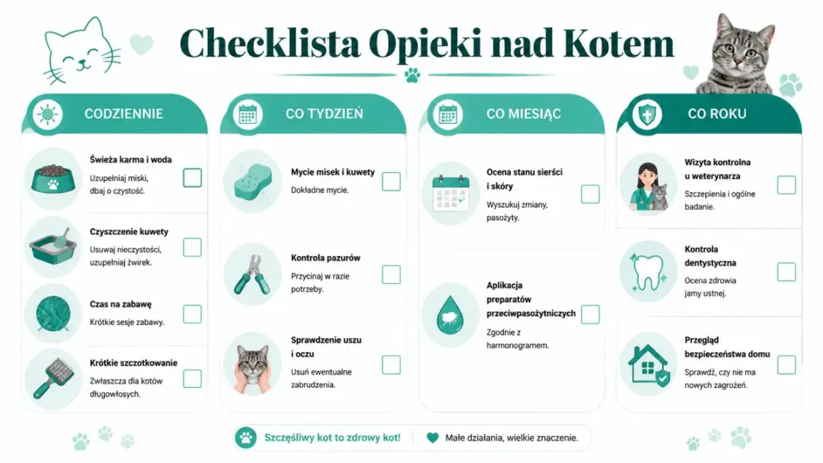Checklista opieki nad kotem: codzienne czynności, cotygodniowe, comiesięczne i coroczne. Dbaj o swojego stary kot, by był zdrowy i szczęśliwy.