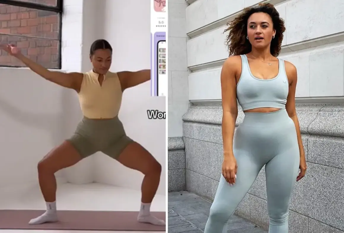 Woman demonstrating exercises for toned arms. The split image shows her in a workout pose and a fitness outfit.