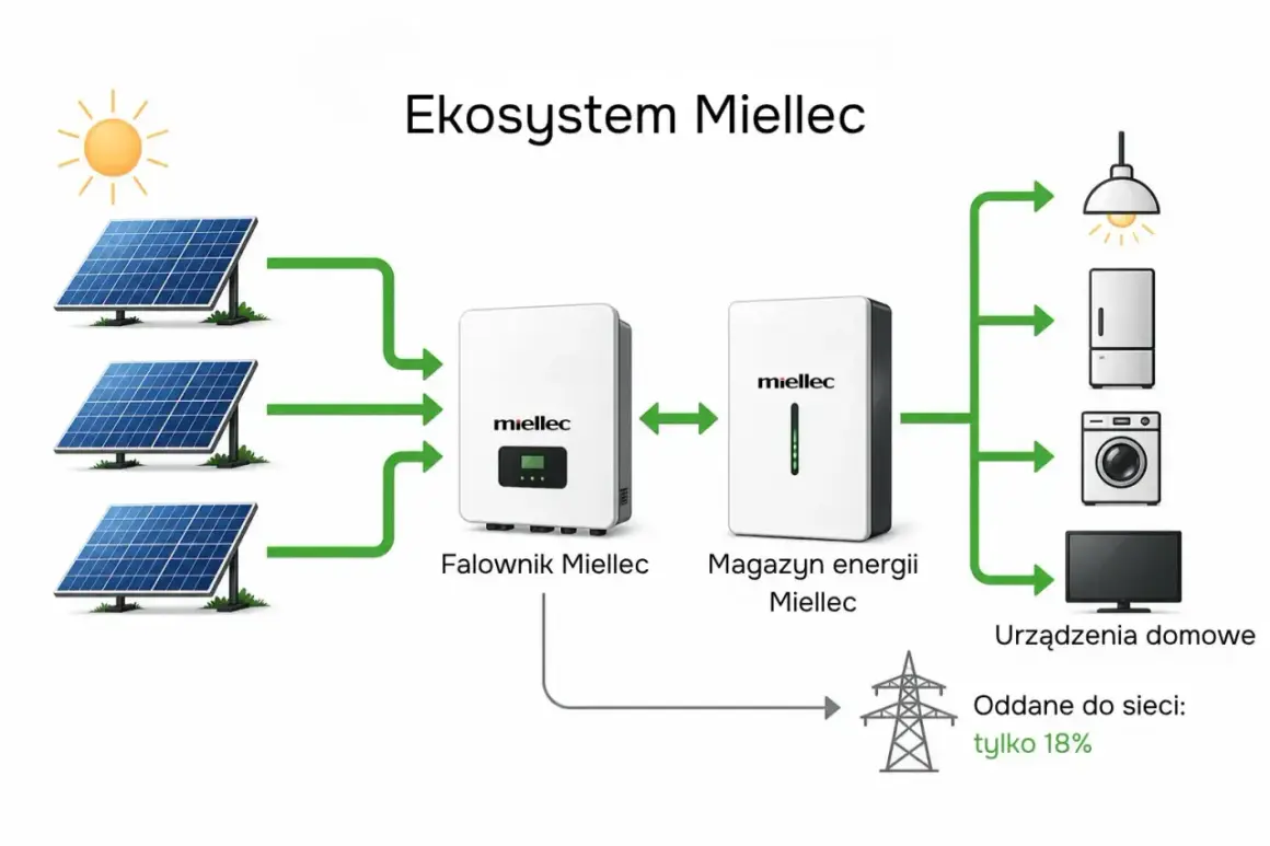 Schemat ekosystemu Miellec: panele słoneczne, falownik, magazyn energii, urządzenia domowe i sieć. Pokazuje, jak net metering pozwala na oddanie tylko 18% nadwyżki do sieci.