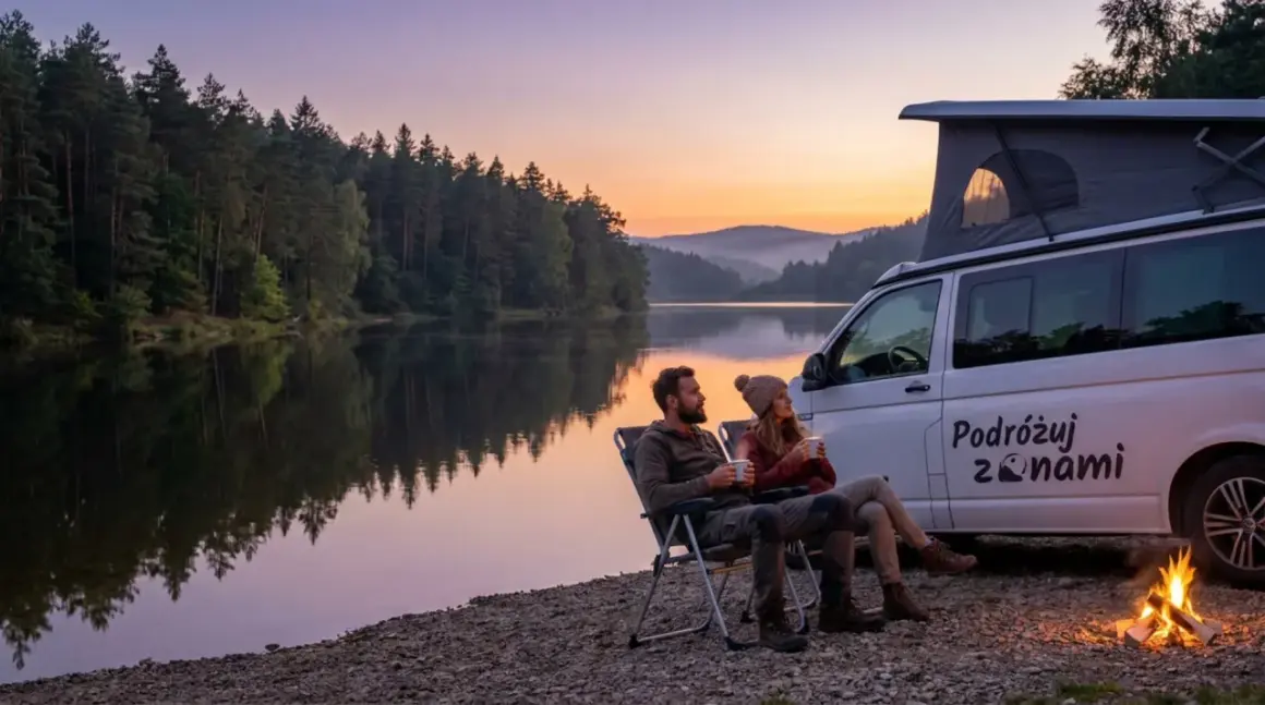 Para relaksuje się przy ognisku podczas **camping al lago**. W tle spokojne jezioro i las o zachodzie słońca.