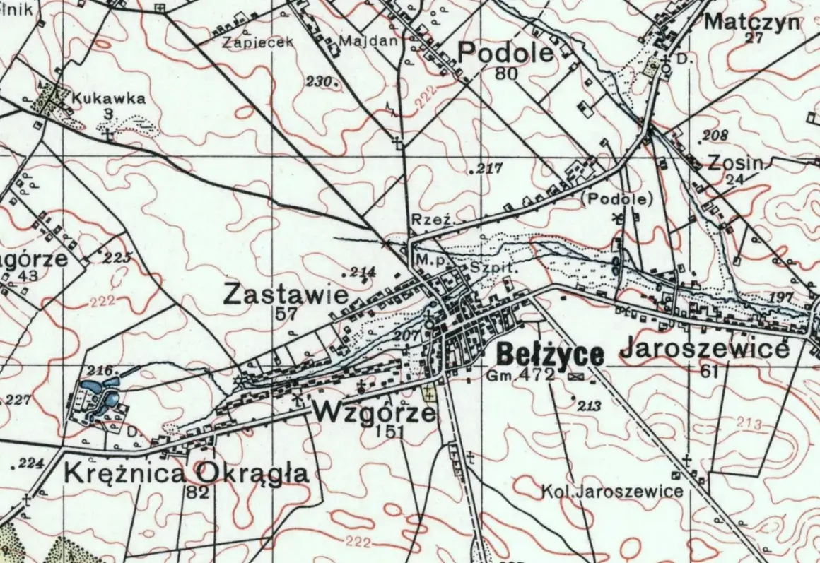 Mapa topograficzna z zaznaczonymi miejscowościami: Podole, Zastawie, Bełżyce, Jaroszewice. Widać drogi, rzeki i ukształtowanie terenu.