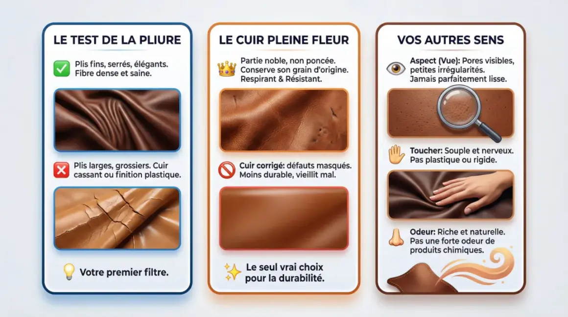 Guide pour identifier la qualité du cuir : test de pliure, aspect pleine fleur, et sensations au toucher et à l'odorat. Le tannage du cuir révèle sa noblesse.