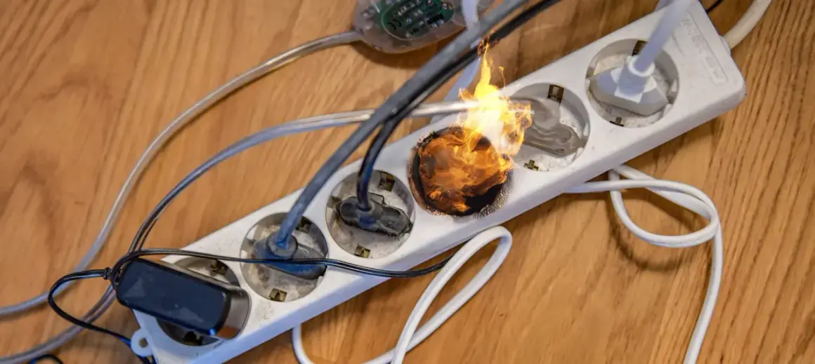 Überlastete Steckdosenleiste mit brennendem Anschluss. Vorsicht vor der Gefahr durch Lithium Ionen Akkus und defekte Geräte!