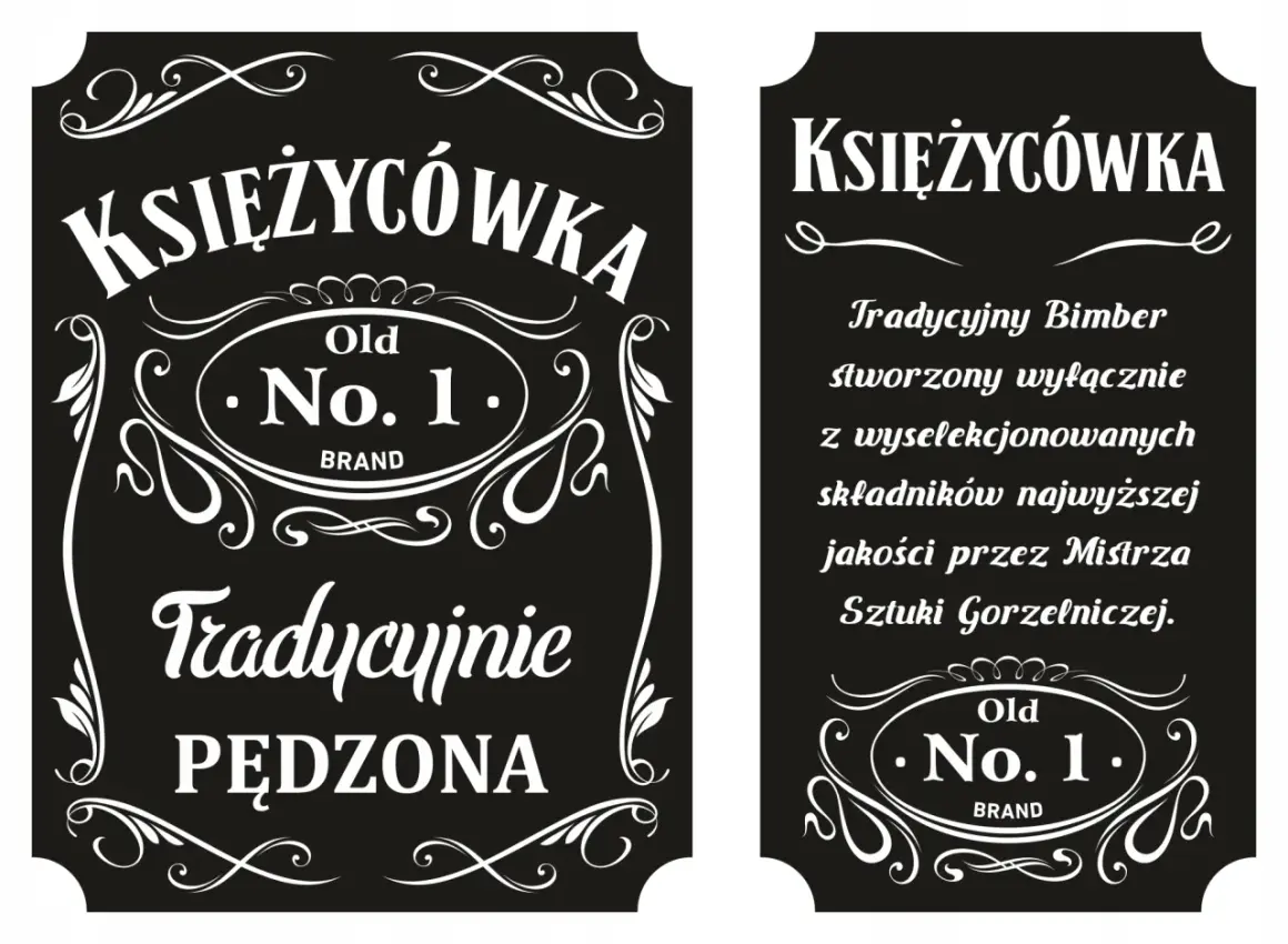 Dwie tabliczki z napisem "Księżycówka Old No. 1. BRAND". Jedna opisuje tradycyjny bimber, druga "Tradycyjnie PĘDZONA".