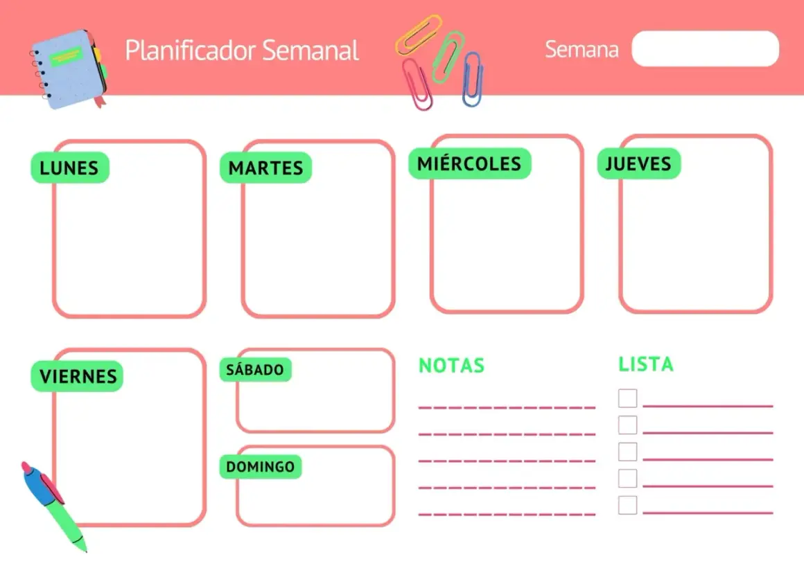 Planificador semanal con espacios para Lunes a Domingo, notas y lista. Ideal para descargar y organizar tu semana.