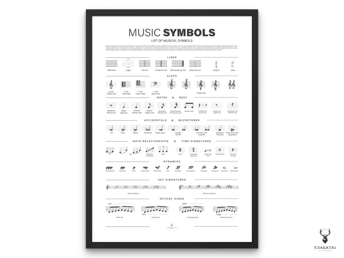 Un poster illustra i piccoli segni sul rigo musicale, spiegando note, chiavi, dinamiche e altri simboli musicali.