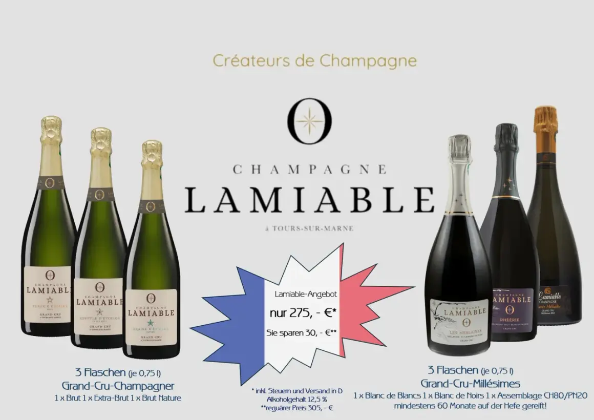Champagnerflaschen von Lamiable. Die lange Reifung erklärt, warum ist Champagner so teuer. Grand Cru Qualität.