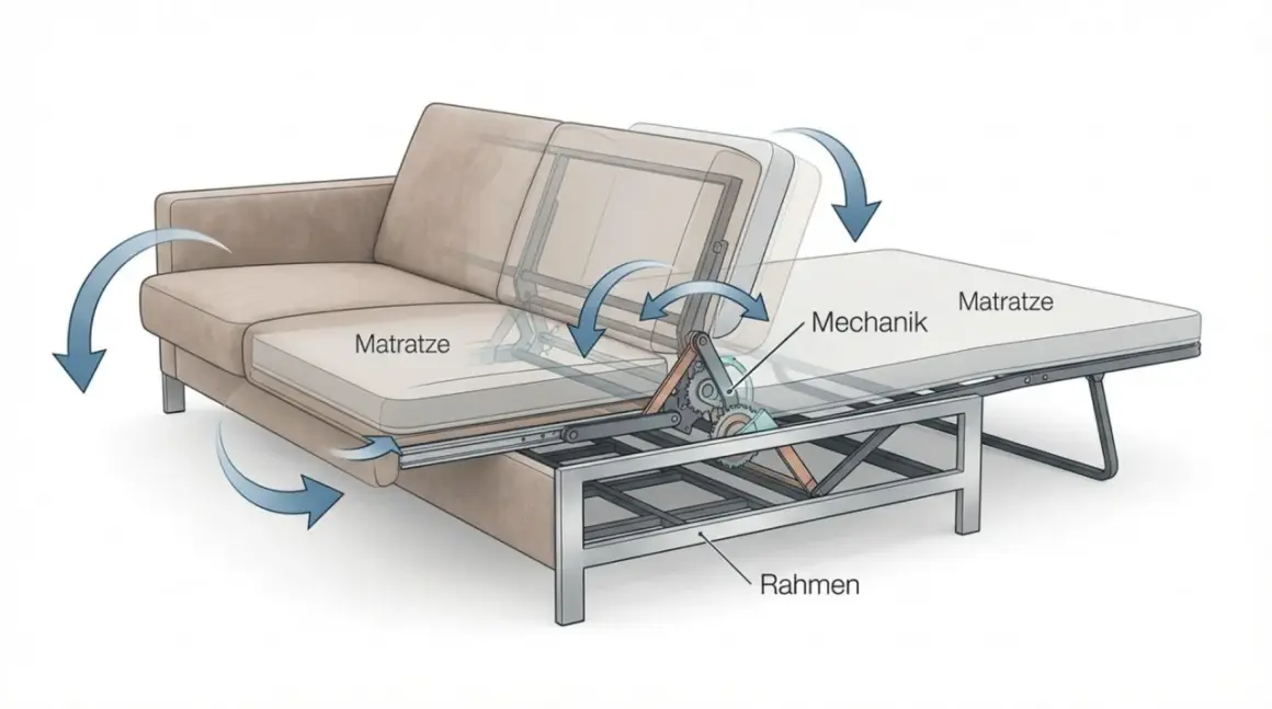 Mechanismus eines Schlafsofas, der verschiedene Sofa Arten zeigt. Eine ausklappbare Matratze mit Rahmen und Mechanik.