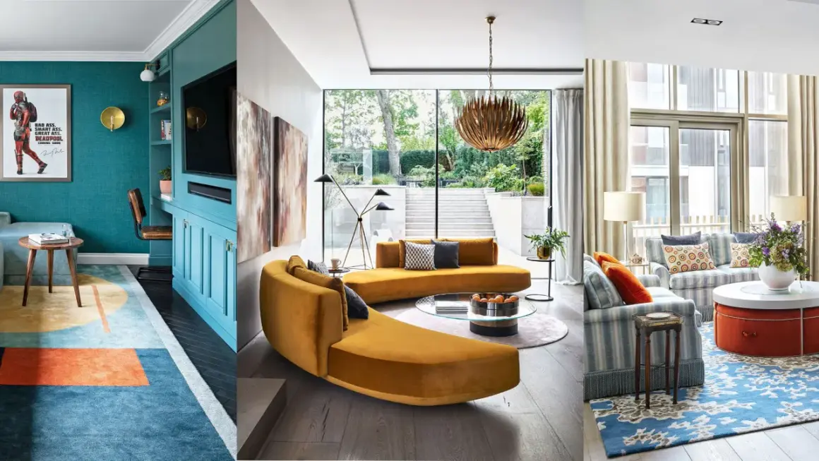 Diverse family room ideas: a teal media wall, a curved mustard sofa with garden views, and a striped sofa with a floral rug.