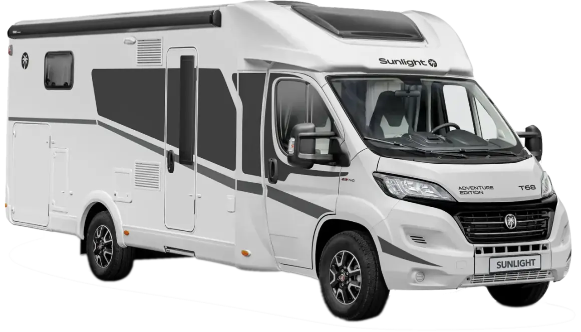 Biały kamper Sunlight T68 Adventure Edition, idealny kamper na 5 osób, gotowy na przygodę.