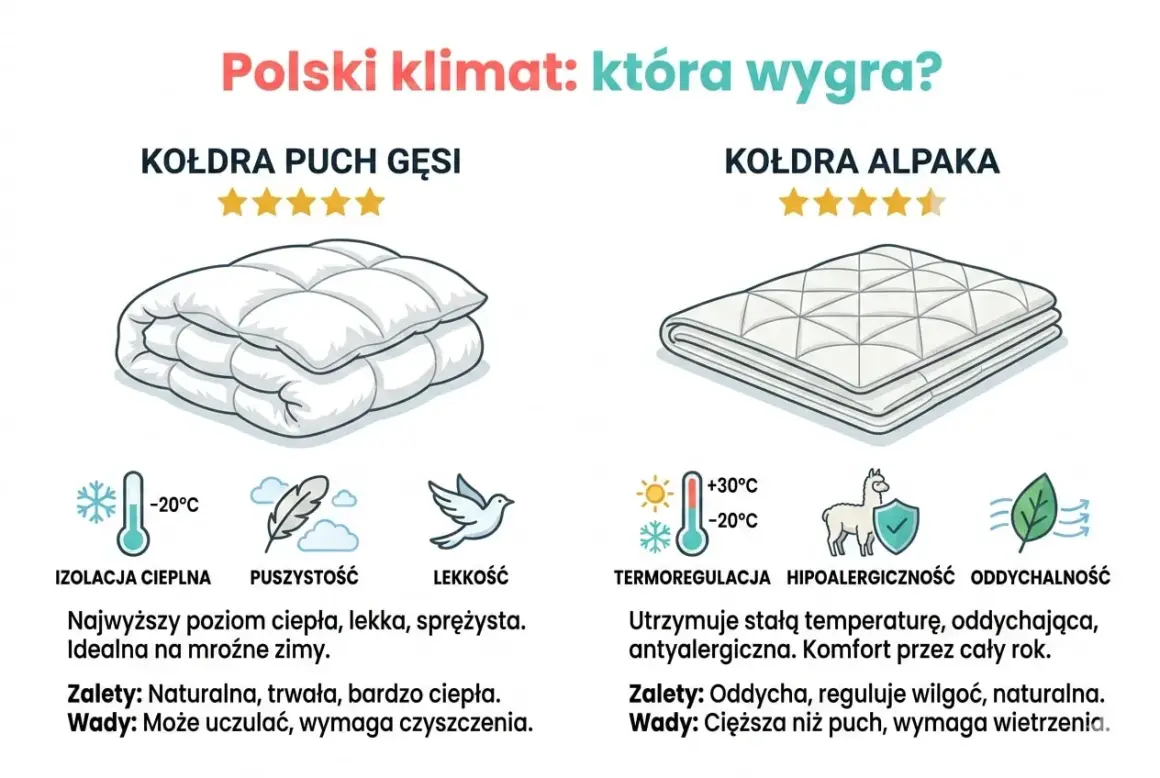 Porównanie kołdry z puchu gęsiego i alpaki. Dowiedz się, jaką kołdrę wybrać na polski klimat, by zapewnić sobie komfort.