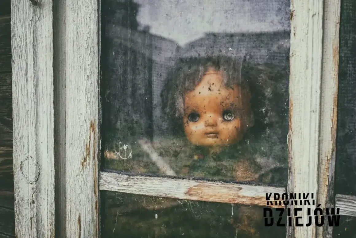 Przerażająca lalka Annabell spogląda przez brudne okno starego domu.