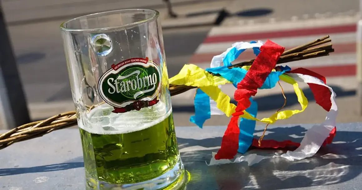 Szklanka zielonego piwa czeskiego Starobrno obok wierzbowej rózgi z kolorowymi wstążkami.