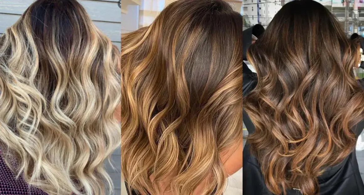 Trois chevelures ondulées aux reflets subtils, résultat d'un balayage avec une coloration réussie.