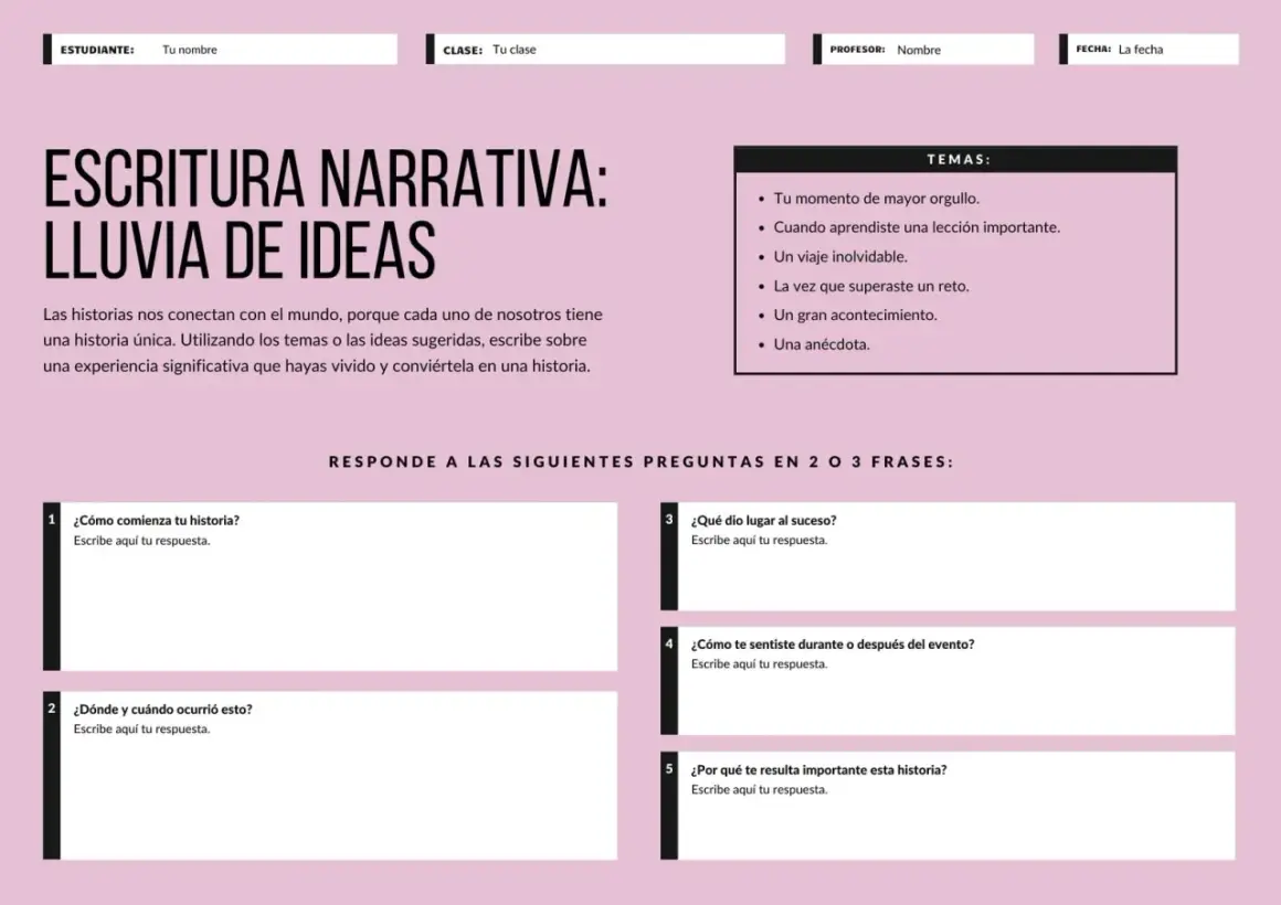 Plantilla para escribir una historia narrativa, con secciones para temas, preguntas guía y espacios para respuestas.