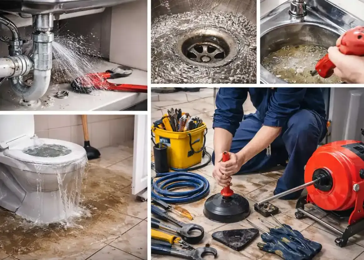 Fuite sous un évier, toilettes débordantes, drain bouché. Un plombier utilise des outils pour réparer la canalisation de la maison.