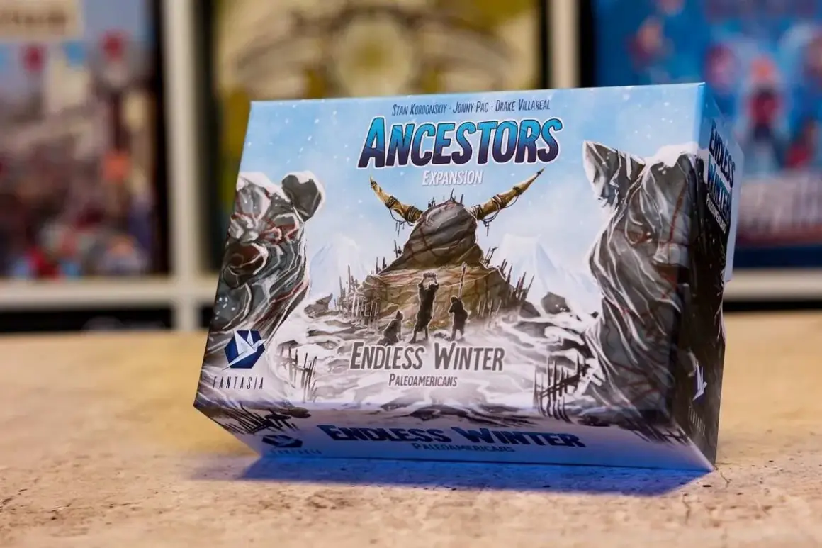 Brettspiel "Ancestors: Endless Winter" Expansion. Eine Familie trotzt dem eisigen Wind, um zu überleben.