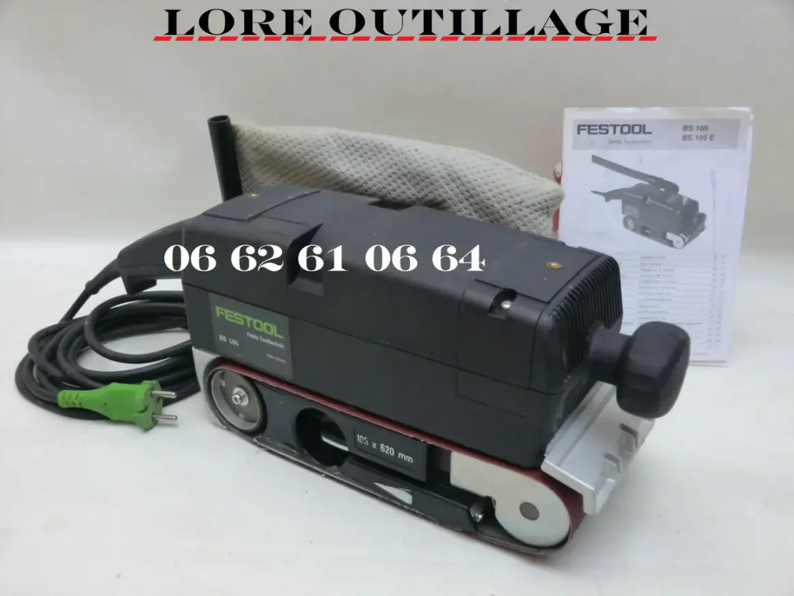 Ponceuse à bande Festool BS 105, prête à l'emploi, avec son manuel. Idéale pour vos travaux de ponçage.