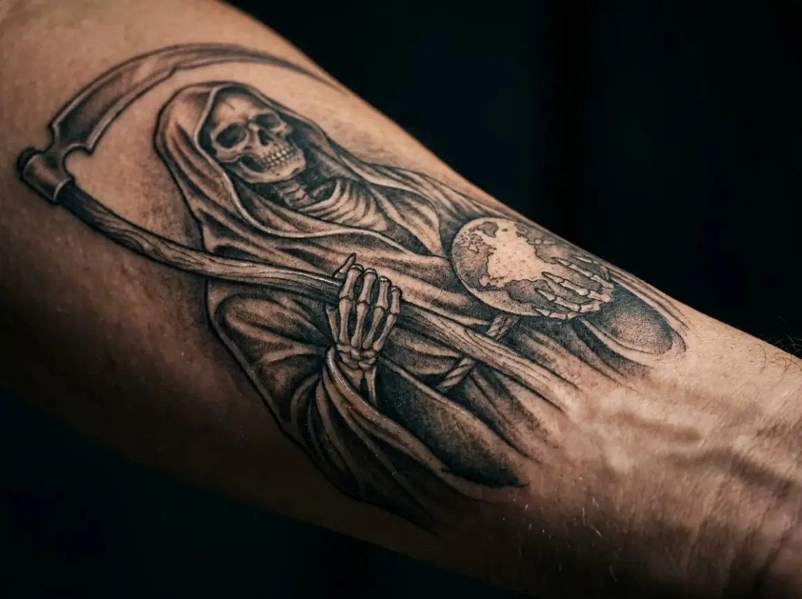 Chicano tattoo: Śmierć z kosą trzymająca kulę ziemską, symbolizująca przemijanie i los.