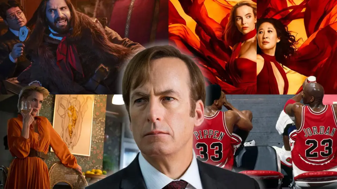 Collage med scener från bra serier: vampyrer, kvinnor i rött, en man i kostym och basketspelare.
