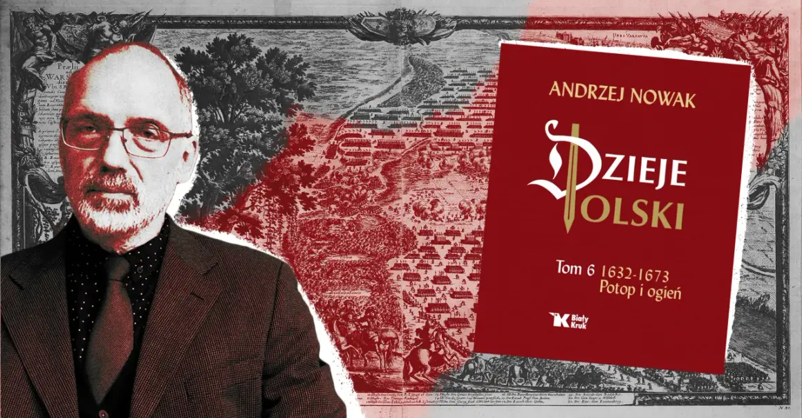 Portret mężczyzny w okularach na tle starej mapy i okładki książki "Dzieje Polski".