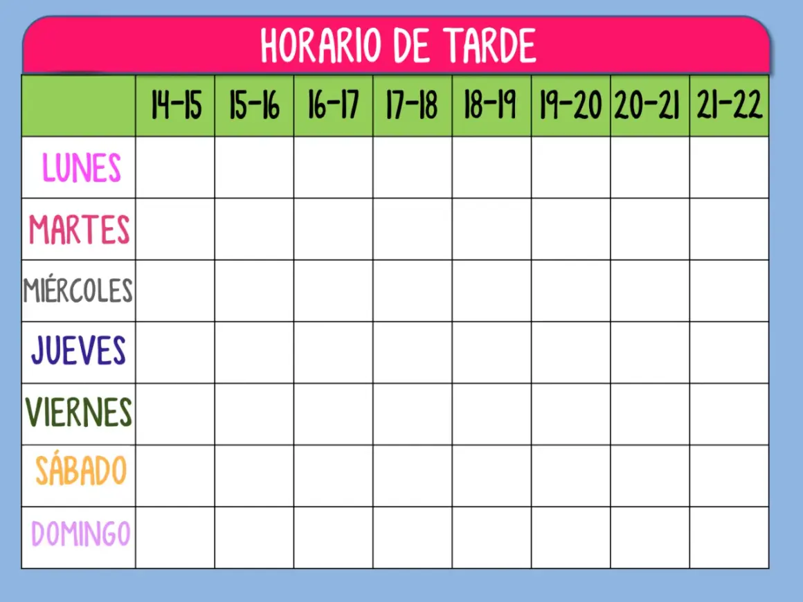 Plantilla horario actividades extraescolares. Tabla semanal con días de lunes a domingo y franjas horarias de 14 a 22h para organizar la tarde.