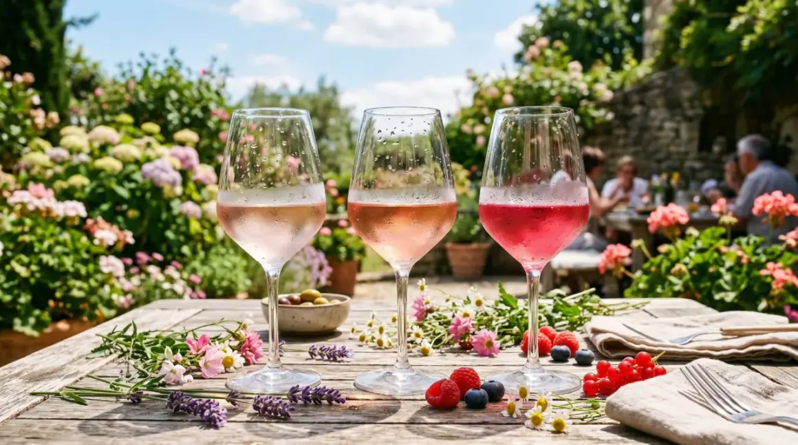 Drei Gläser saignee rose stehen auf einem Holztisch, dekoriert mit Beeren und Blumen. Im Hintergrund eine sonnige Gartenszene mit Menschen.