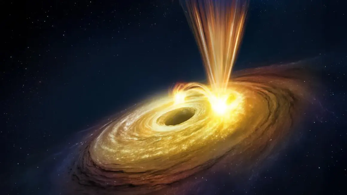 En svart hål som slukar materia, skapar en glödande ackretionsskiva och jetstrålar. Astrofysik i ljusets hastighet.