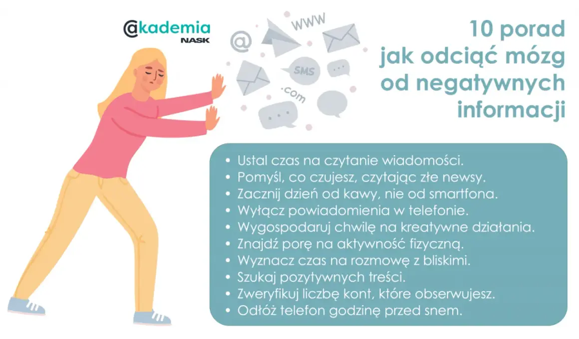 Kobieta walczy z natłokiem negatywnych informacji, symbolizując walkę z doom scrollingiem. Porady jak odciąć mózg od złych wiadomości.