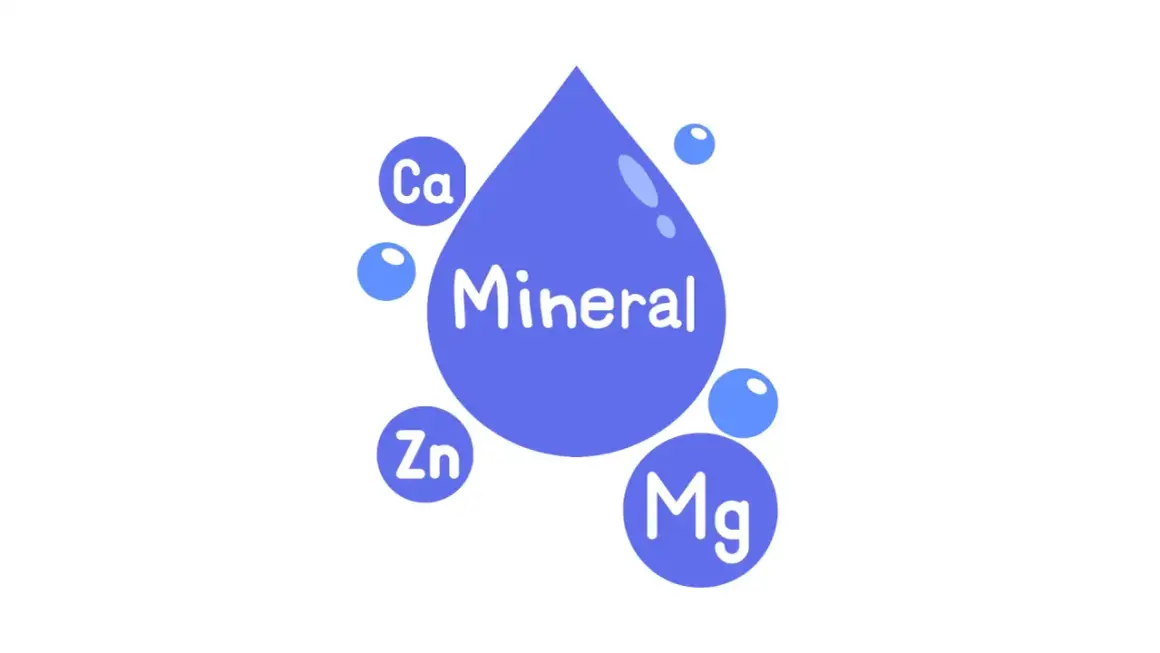 Goutte d'eau "Mineral" entourée de bulles "Ca", "Zn", "Mg". Illustration simple pour le classement eau résidu à sec.