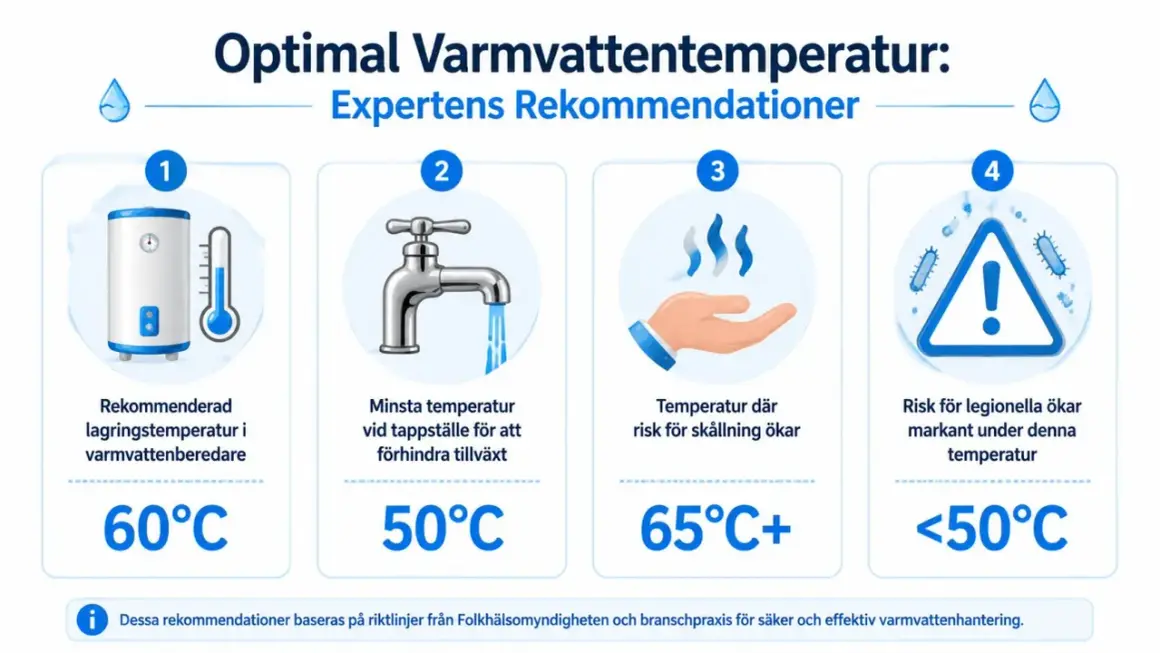 Grafik visar optimala temperaturer för varmvattenberedare. En blandningsventil kan hjälpa till att uppnå rätt temperatur.
