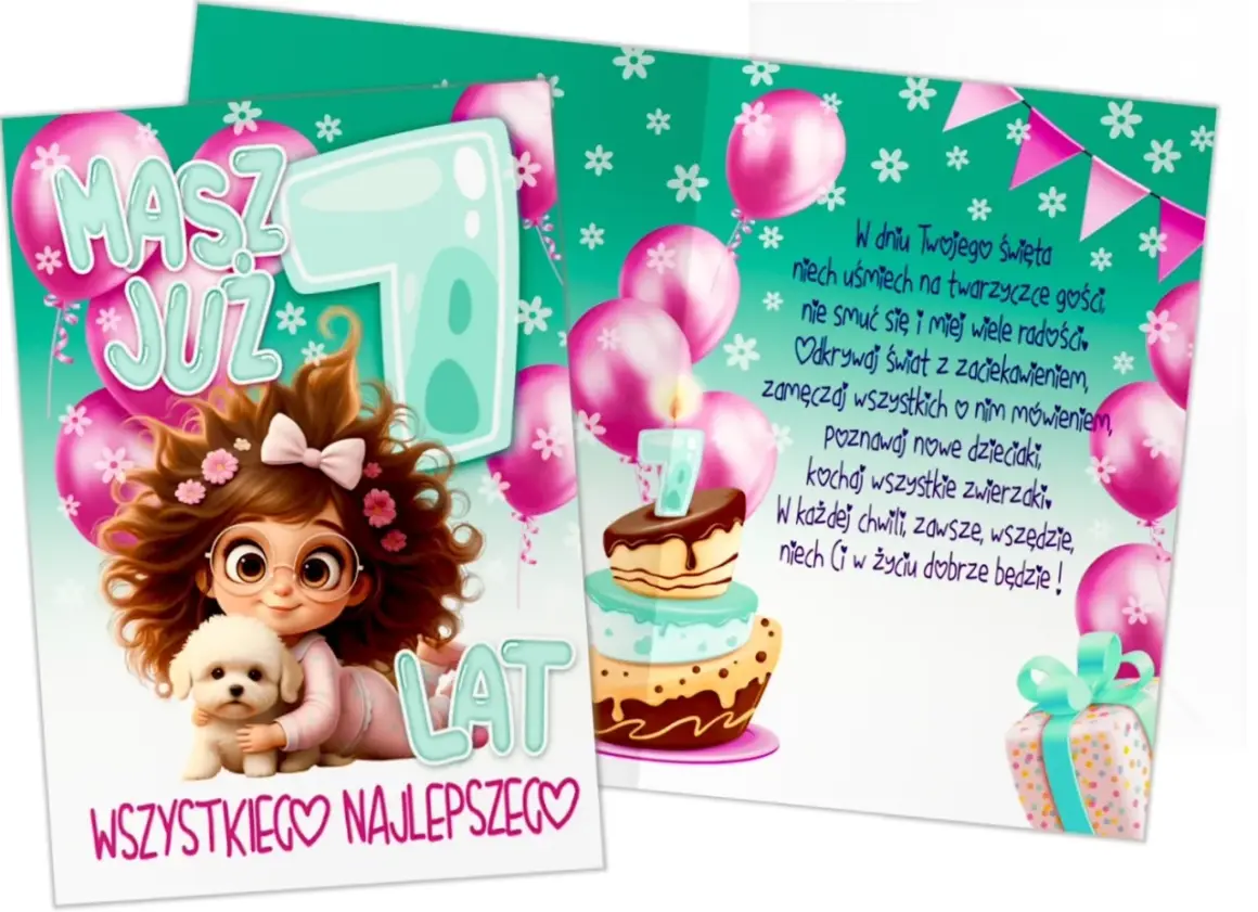 Urocze życzenia urodzinowe dla siedmiolatka: dziewczynka z pieskiem, tort z cyfrą 7, balony i wesoły napis "Masz już 7 lat!".