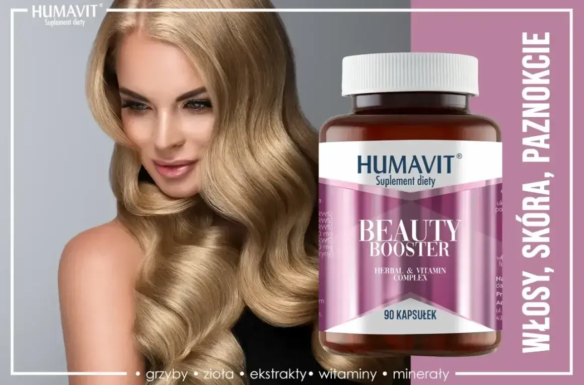 Piękna kobieta z lśniącymi włosami obok suplementu diety Humavit Beauty Booster. Sprawdź, jakie witaminy na włosy są w składzie!
