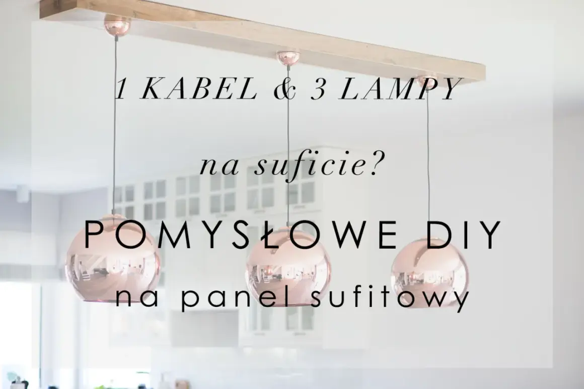 Elegancki żyrandol 3 żarówki z miedzianymi kloszami, zawieszony na drewnianej belce. Pomysł na oświetlenie DIY.
