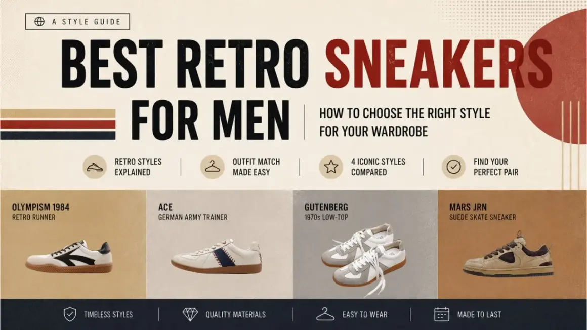 Guide till bästa retro sneakers för män. Jämför retro vs vintage stilar, från retro runners till 70-tals low-tops.