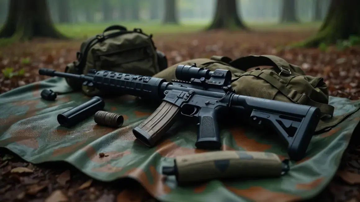 Rifle táctico con mira, cargador y accesorios, listo para operaciones de delta tactics en el bosque.
