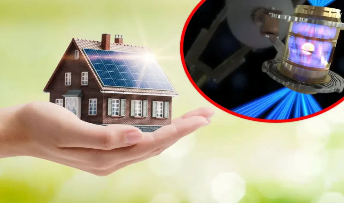 Dom z panelami słonecznymi na dłoni, obok urządzenie do zimnej fuzji, symbolizujące przyszłość energetyki.
