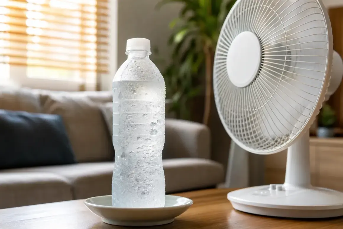 Une bouteille d'eau glacée condensation sur une table, avec un ventilateur en arrière-plan. Parfait pour boire de l'eau glacée quand il fait chaud.