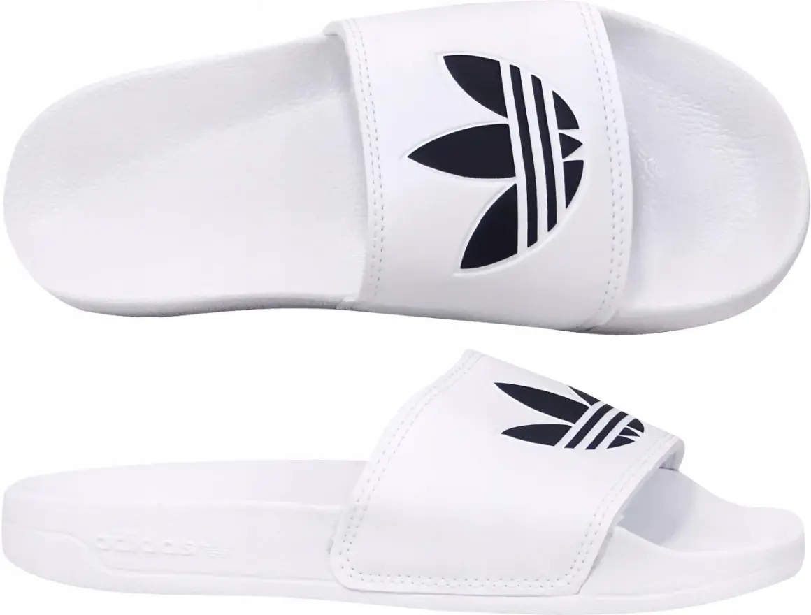 Białe klapki Adilette Lite Slides z czarnym logo Adidas. Idealne na basen i plażę.