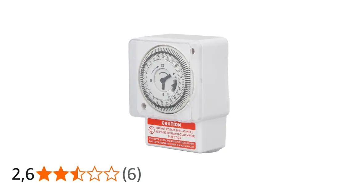 Vit mekanisk timer med tydlig urtavla och varningsetikett. Perfekt för att styra elektriska apparater.