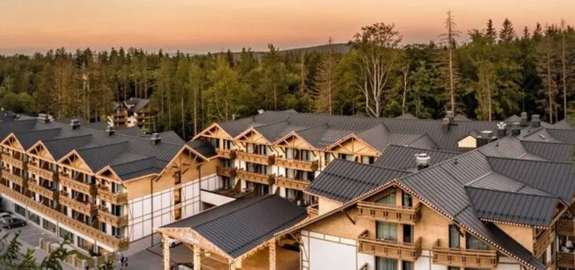 Nowy hotel w górach, oferujący zatrudnienie, otoczony lasem.