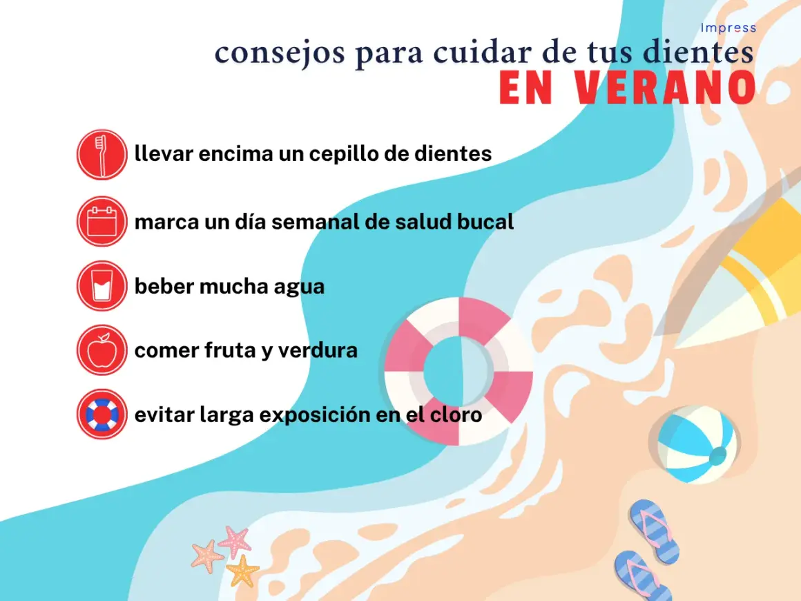 Consejos para proteger tus dientes en verano: cepíllalos, bebe agua, come fruta y verdura, y evita el cloro.