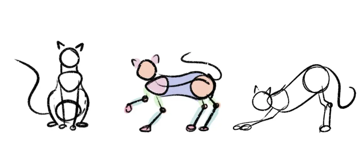 Bocetos de gatitos en diferentes poses. Uno sentado, otro a cuatro patas con colores pastel, y uno estirándose.
