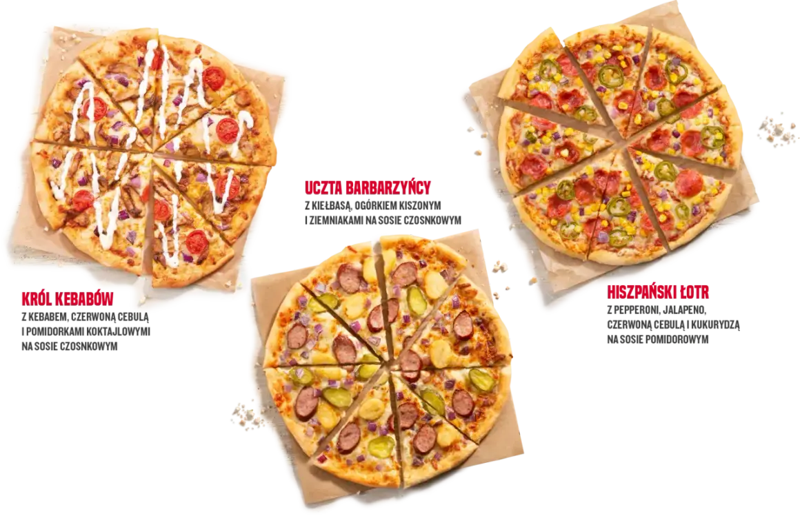 Trzy pizze: Król Kebabów, Uczta Barbarzyńcy i Hiszpański Łotr. Różne rozmiary pizzy i składniki.