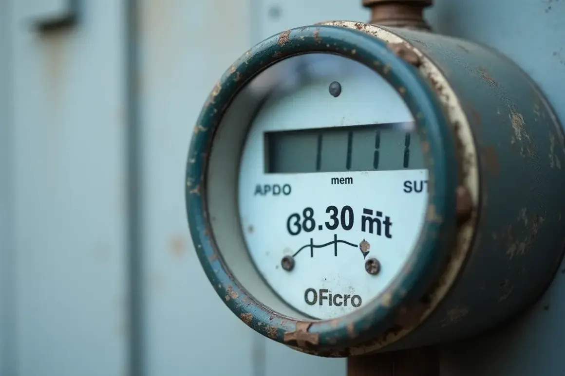 Zbliżenie na licznik gazu z cyfrowym wyświetlaczem pokazującym 38.30 m³.