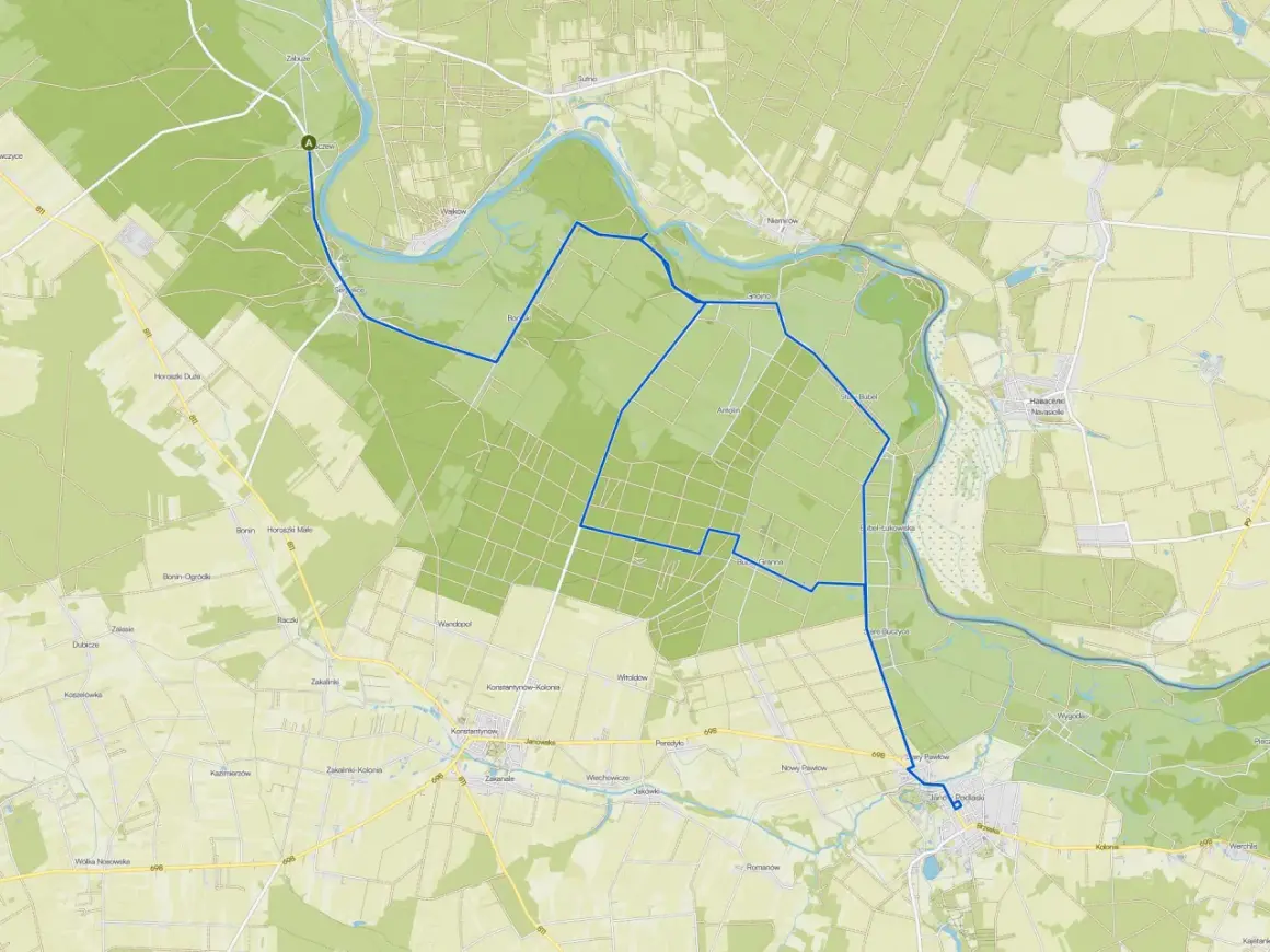 Trasa rowerowa wokół Białej Podlaskiej, prowadząca przez malownicze wsie i tereny zielone.